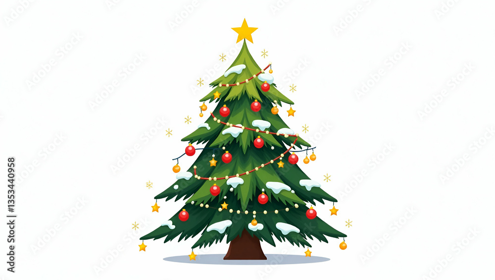 Vector illustration of Christmas tree with lightbulbs stars balls and snow on leaves isolated on white background. concept as Vector illustration of Christmas tree adorned with lightbulbs stars balls Vector illustration of Christmas tree with lightbulbs stars balls and snow on leaves isolated on white background. concept as Vector illustration of Christmas tree adorned with lightbulbs stars balls