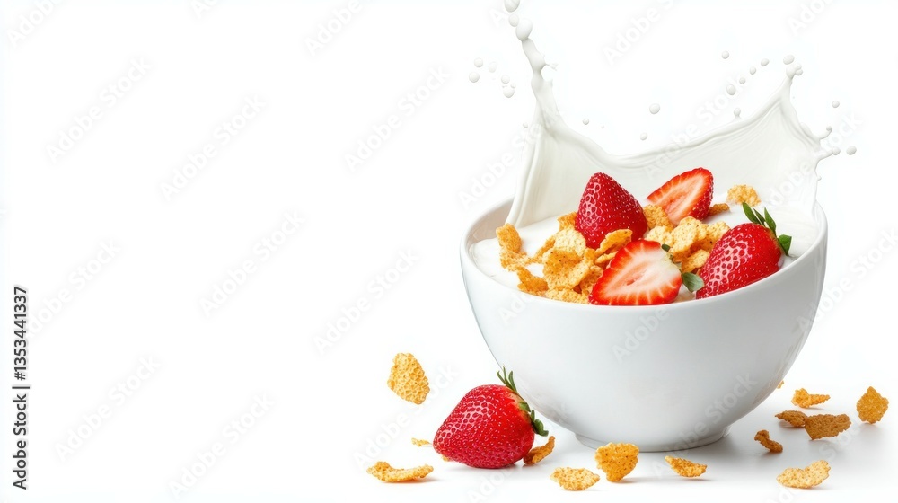Fresh strawberries and flakes splashing into milk in a white bowl. Fresh strawberries and flakes splashing into milk in a white bowl.