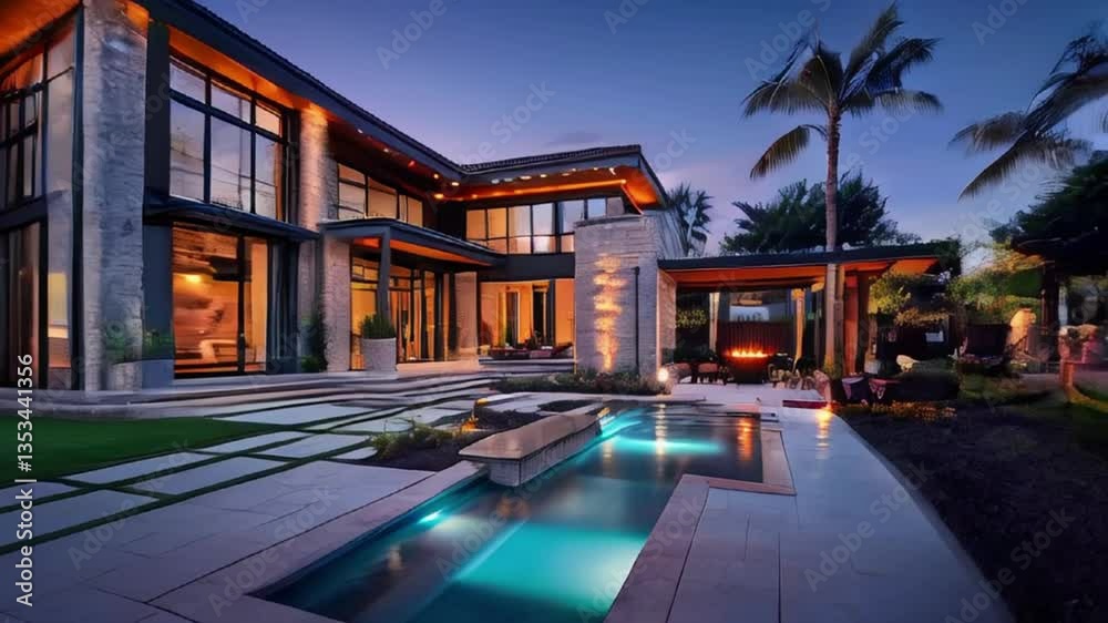 Luxury resort swimming pool at night with palm trees and relaxing ambiance Luxury resort swimming pool at night with palm trees and relaxing ambiance