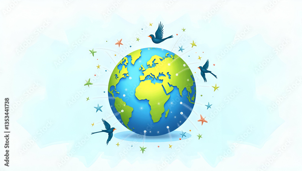 Fototapeta premium Flat Watercolor Global Network Globe Illustration for Tech Themes