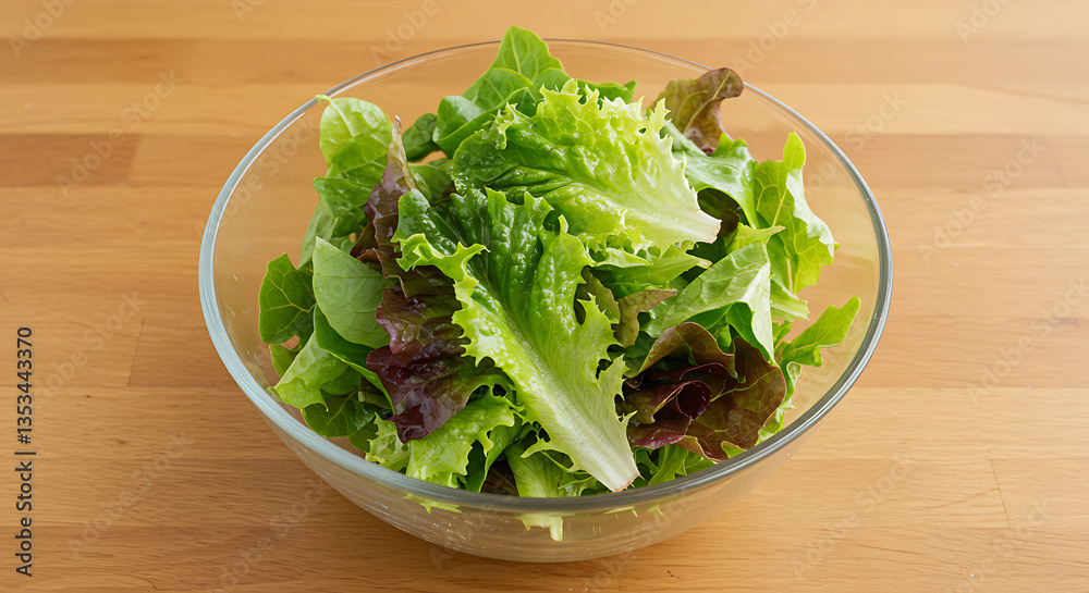 Fresh Green Salad in Glass Bowl on Wooden Table A Healthy and Delicious Meal Preparation Fresh Green Salad in Glass Bowl on Wooden Table A Healthy and Delicious Meal Preparation