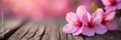 Close-up of delicate pink blossoms on wooden surface with blurred bokeh lights, soft focus, petals