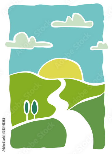 vector illustration of a summer landscape panorama hand draw. hiil and mountains organic lines matisse style, naive art, contemporary backgrounds vector illustration