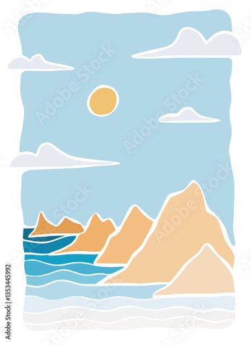 Sea and beach landscape panorama hand draw illustration. Beach and mountains organic lines matisse style, naive art, contemporary backgrounds vector illustration	