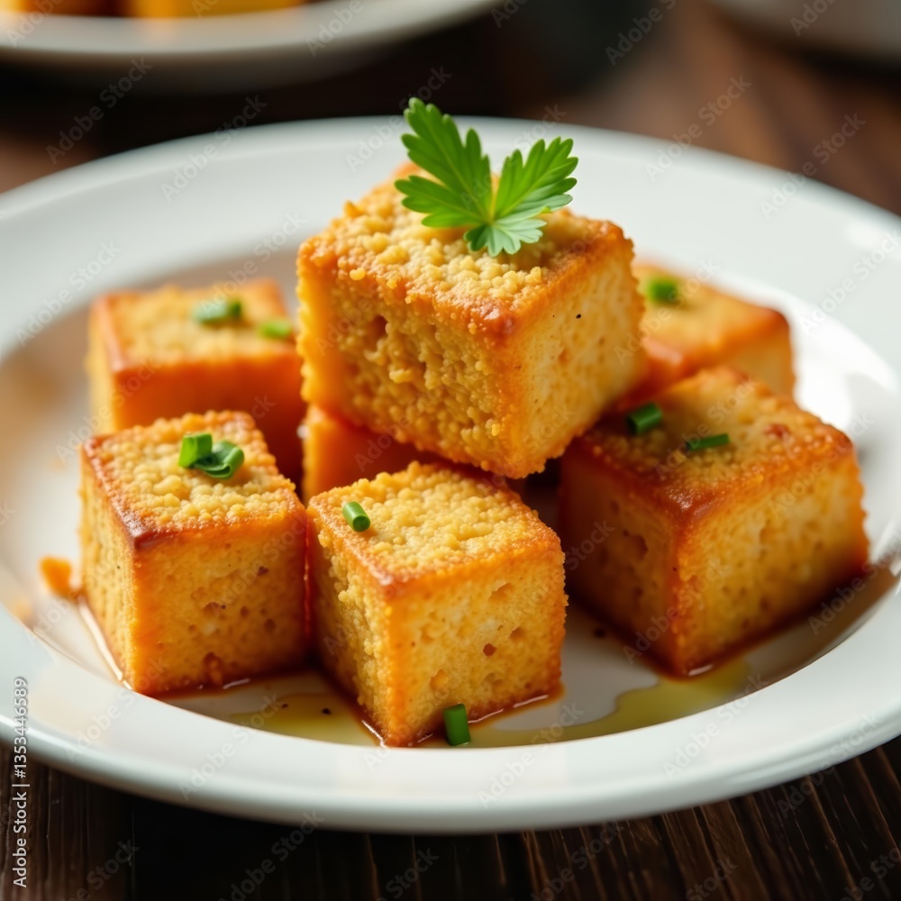 Close-up of delicious deep-fried tofu blocks, crunchy fried snacks, soybean protein, appetizing plant-based dishes, sustenance, cuisine, vegan, healthy Close-up of delicious deep-fried tofu blocks, crunchy fried snacks, soybean protein, appetizing plant-based dishes, sustenance, cuisine, vegan, healthy