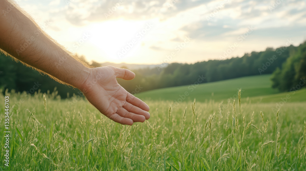hand reaching out through tall grass, embracing nature beauty at sunset hand reaching out through tall grass, embracing nature beauty at sunset