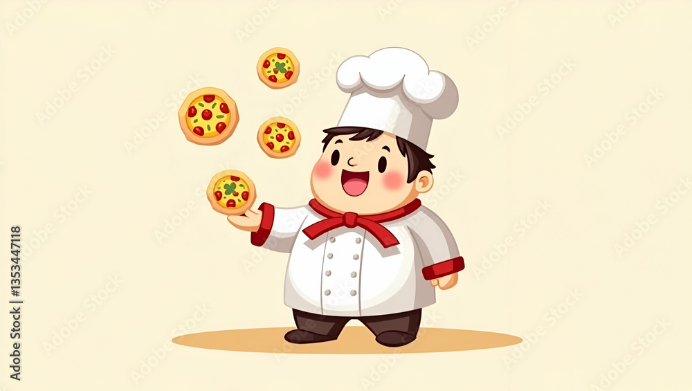 Create a clipart of a Whimsical chef tossing pizza dough in the air in a kawaii style simplified to feature fewer elements for a cleaner look use a color palette that is appealing to children concept Create a clipart of a Whimsical chef tossing pizza dough in the air in a kawaii style simplified to feature fewer elements for a cleaner look use a color palette that is appealing to children concept