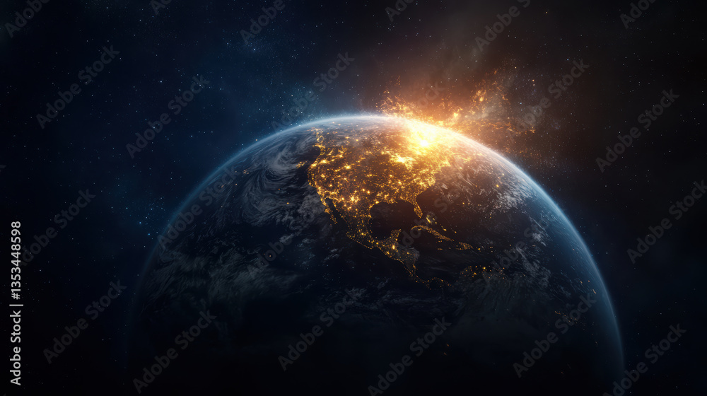 Obraz premium stunning view of Earth from space, showcasing illuminated cities and vibrant atmosphere