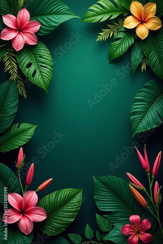 Fototapeta Naklejka Na Ścianę i Meble -  Exotic jungle foliage backdrop with tropical blooms, lush and vivid botanical arrangement, jungle, arrangement