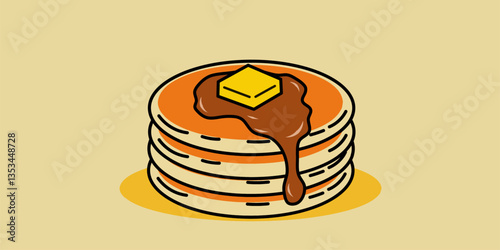 Cartoon illustration of a stack of pancakes with small pat of butter and a splash of syrup on top. Perfect for fun and uplifting food-themed designs.