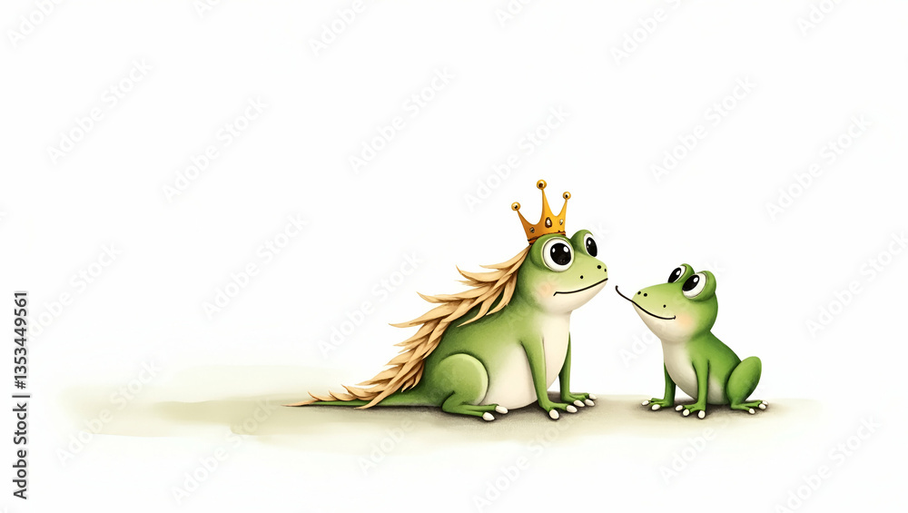 Naklejka premium Flat Prince with a frog friend watercolor illustration clipart hand drawn style perfect for nursery art white background concept as Hand drawn watercolor illustration prince with frog friend perfect f