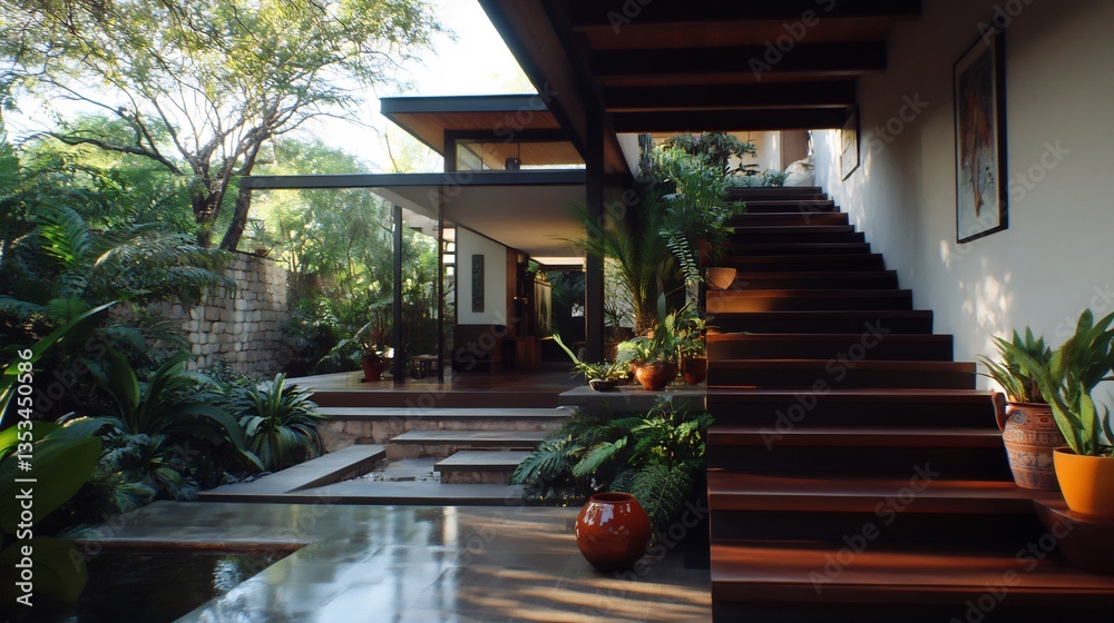 Fototapeta premium Elegant modern home blending seamlessly with lush tropical landscaping features