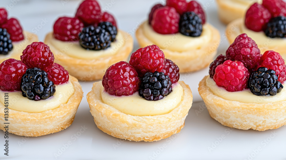 Delicious fruit tarts topped with fresh raspberries and blackberries, perfect for dessert Delicious fruit tarts topped with fresh raspberries and blackberries, perfect for dessert