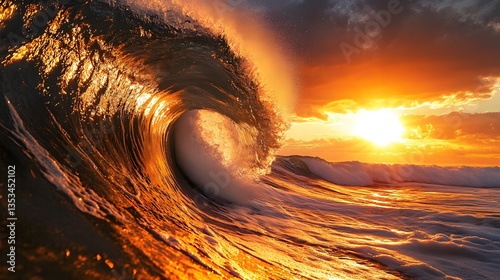 Golden Ocean Wave at Sunset with Dramatic Clouds