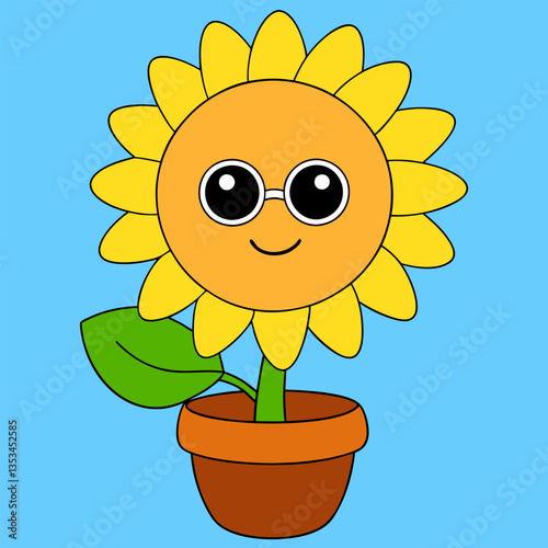 A yellow sunflower with a happy cartoon face smiles under a summer sun