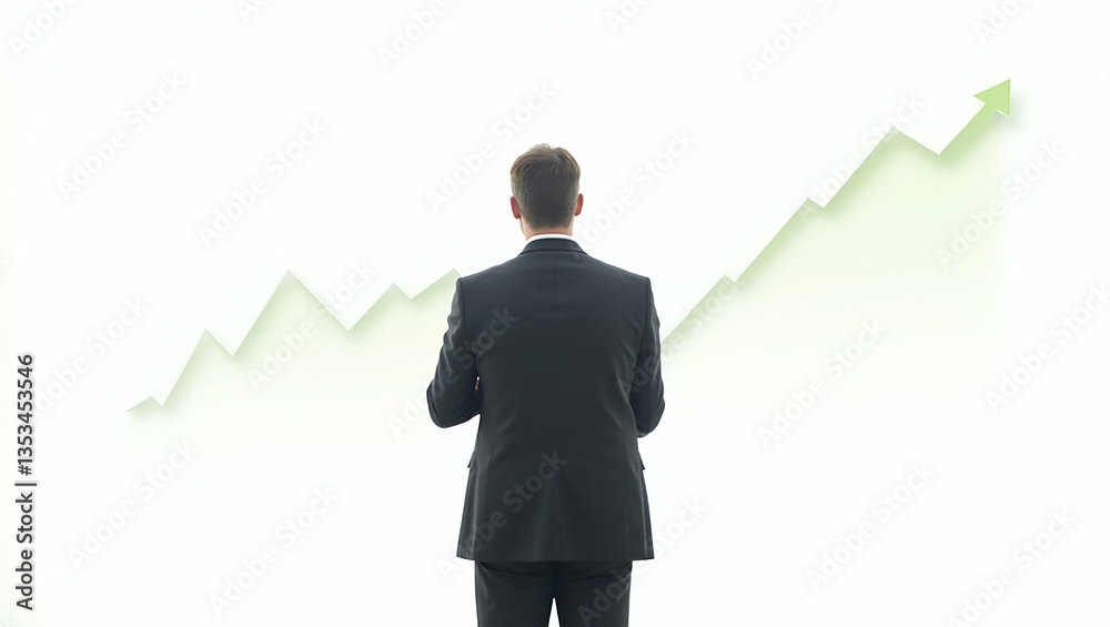 Flat Back View of Businessman Analyzing Stock Market Graph - Simple Cute Vector Illustration for Smart Business Concepts on a Clean White Background Flat Back View of Businessman Analyzing Stock Market Graph - Simple Cute Vector Illustration for Smart Business Concepts on a Clean White Background
