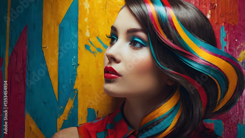 A vibrant portrait of a young woman in a vivid retro style, featuring bold neon colors, 80s synthwave aesthetics, and a nostalgic yet modern twist. She has voluminous wavy hair, styled with a touch of