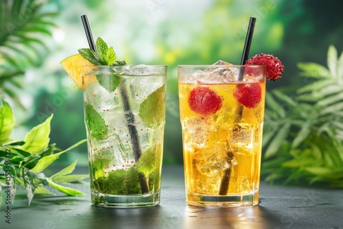 Tropical drinks in glasses with mint and berries on a dark surface, lush jungle background. Use for cocktails, beverages, summer, healthy drinks photo