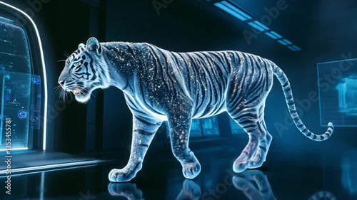 Glowing tiger walking majestically through a futuristic digital environment