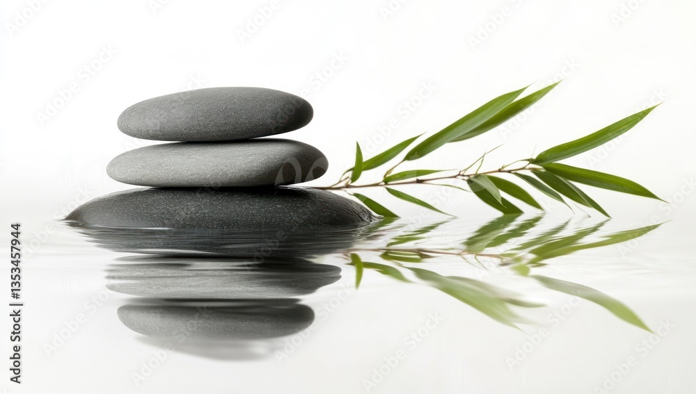 Gray stones balanced on water, bamboo sprig, zen garden, still life Gray stones balanced on water, bamboo sprig, zen garden, still life