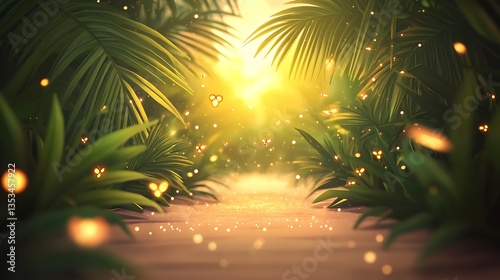 A sunlit path through lush greenery and sparkling glowing orbs
