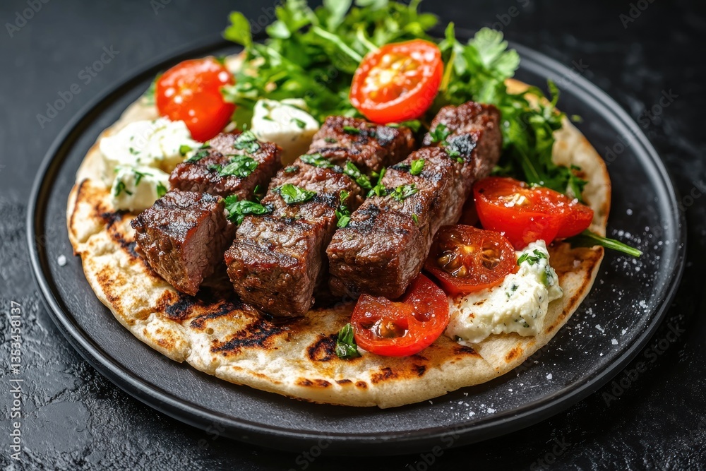 Grilled beef pita with feta and cherry tomatoes on dark plate Grilled beef pita with feta and cherry tomatoes on dark plate