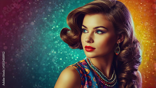 A vibrant portrait of a young woman in a vivid retro style, featuring bold neon colors, 80s synthwave aesthetics, and a nostalgic yet modern twist. She has voluminous wavy hair, styled with a touch of