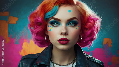 A vibrant portrait of a young woman in a vivid retro style, featuring bold neon colors, 80s synthwave aesthetics, and a nostalgic yet modern twist. She has voluminous wavy hair, styled with a touch of