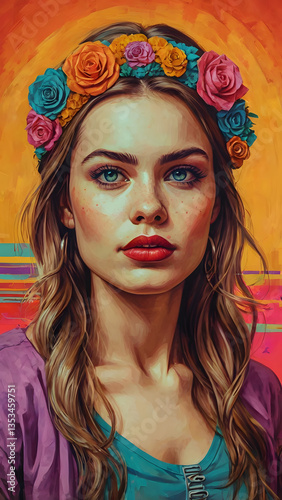 A vibrant portrait of a young woman in a vivid retro style, featuring bold neon colors, 80s synthwave aesthetics, and a nostalgic yet modern twist. She has voluminous wavy hair, styled with a touch of