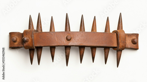 A rustic metal device with sharp spikes, likely used for restraint or punishment, showcasing historical craftsmanship. , Isolate white background 