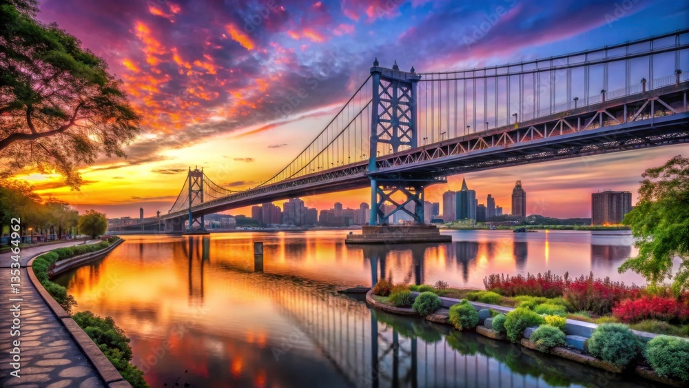 Stunning Sunset Over Bridge and City Skyline Reflections Stunning Sunset Over Bridge and City Skyline Reflections