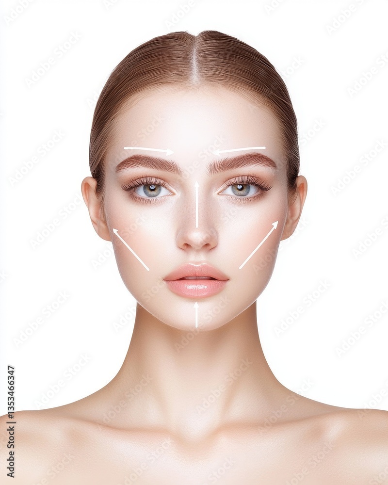 Woman face skin spa lines Stylish woman showcasing beauty and skin care with facial markings for contouring. Woman face skin spa lines Stylish woman showcasing beauty and skin care with facial markings for contouring.