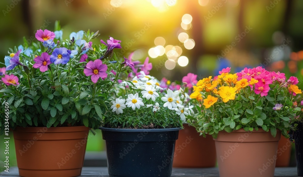 Fototapeta premium Colorful Spring Flowers in Pots on a Wooden Table with Gardening Tools in a Beautiful Garden