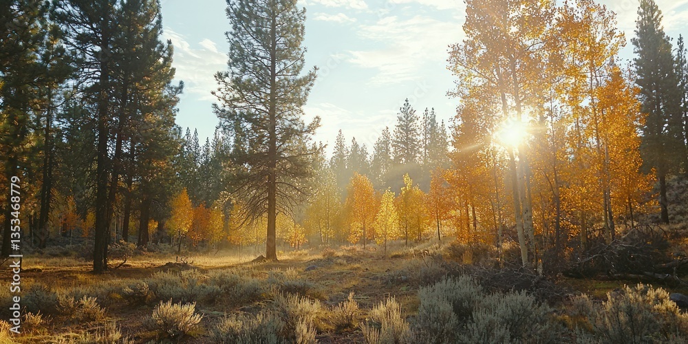 Fototapeta premium A peaceful autumn forest with soft sunlight streaming through colorful trees