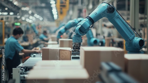 Wallpaper Mural Robotic arms and automated machinery working on assembly line with cardboard boxes in warehouse setting Torontodigital.ca