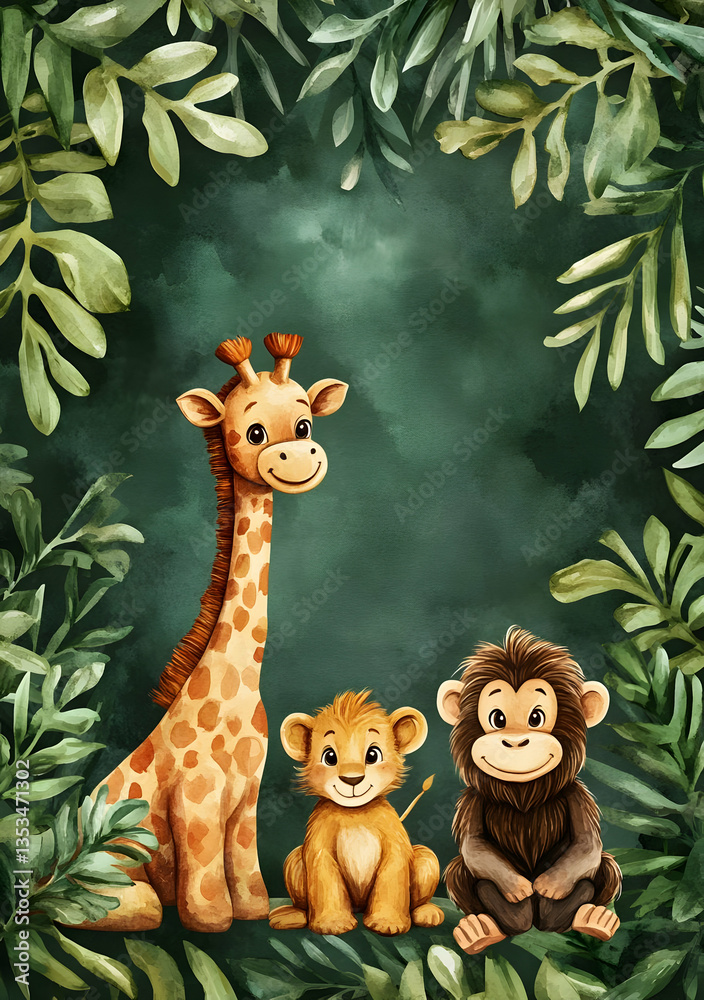 Naklejka premium A cheerful illustration of a giraffe, lion cub, and monkey surrounded by foliage.