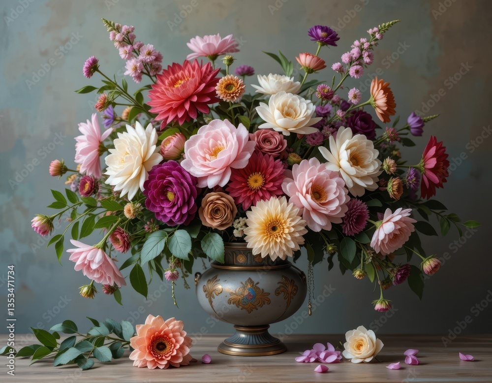 Fototapeta premium Exquisite Paper Flower Arrangement in Vintage Vase A Stunning Floral Still Life