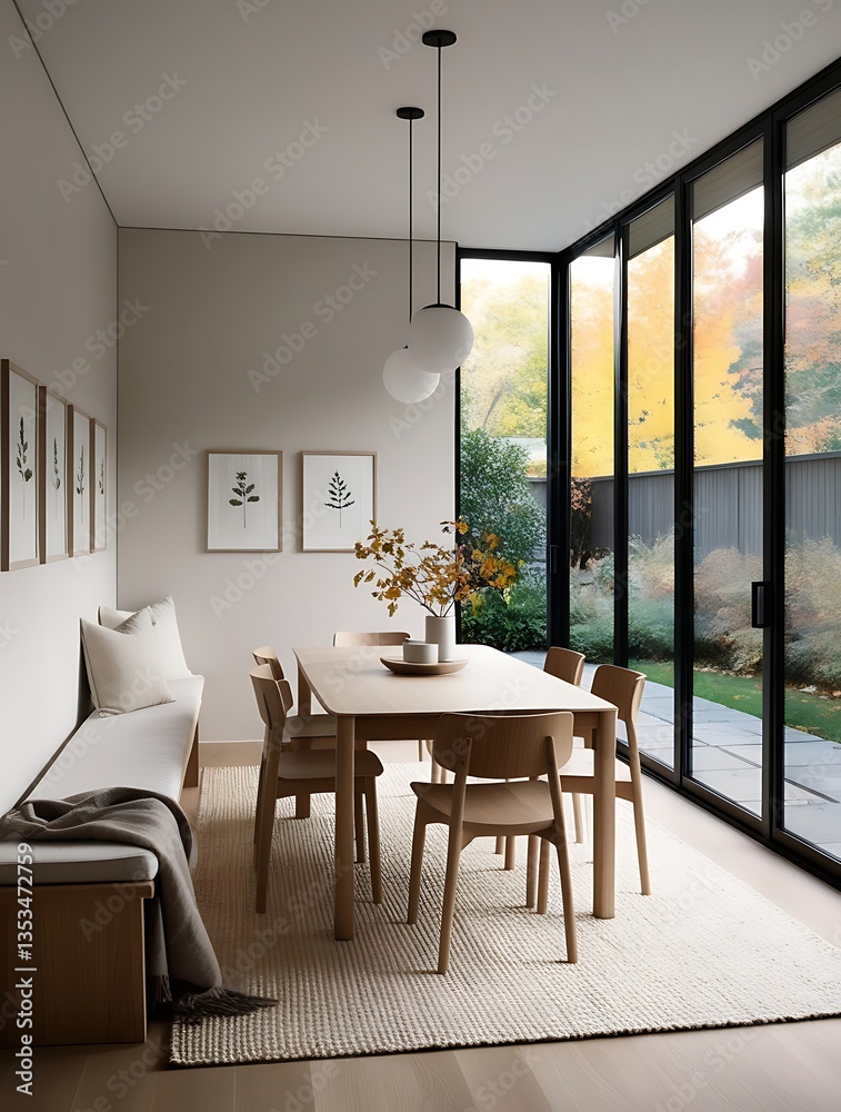 Fototapeta premium Modern minimalist dining room interior with wooden furniture, large glass windows, and natural light, creating a cozy and elegant Scandinavian-inspired home atmosphere