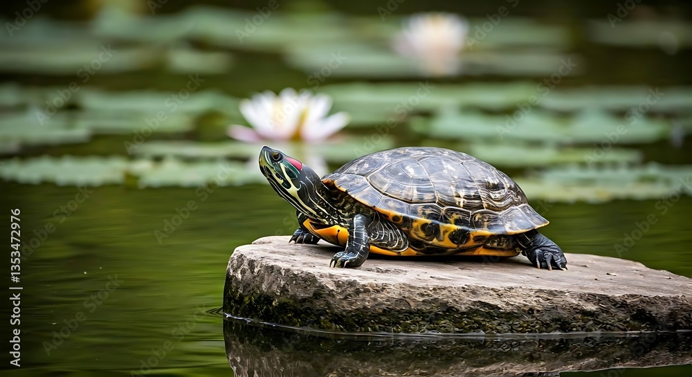 Fototapeta premium A calm turtle sunbathing on a rock near a tranquil pond, surrounded by lily pads.