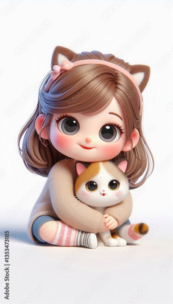 Fototapeta premium Cute girl hugging cat in whimsical studio digital art playful and cheerful atmosphere