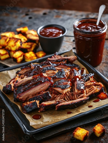 Shredded barbecue pork on a black tray drizzled with dark sauce, served with golden cornbread cubes and a small jar in a delicious presentation
