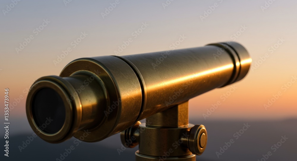 A Golden Telescope Overlooking a Serene View During Sunset in Nature's Embrace A Golden Telescope Overlooking a Serene View During Sunset in Nature's Embrace