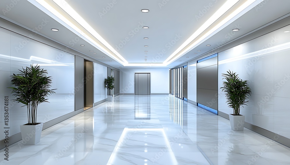 Fototapeta premium A bright and modern corridor with plants and elevators is depicted