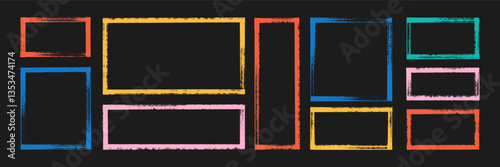 Set of grunge text frames with brush, crayon or pastel texture. Graphic rectangle elements for highlights. Color vector illustration on a blackboard.