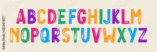 Handwritten square alphabet, brush stroke typography. Punk and grunge ink design header uppercase letters. Font with organic texture. Color retro vector illustration.