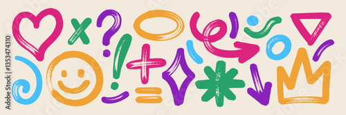 Set of hand drawn elements with brush, marker or crayon texture. Grunge heart, cross, emoji and asterisk for design. Retro vector illustration.
