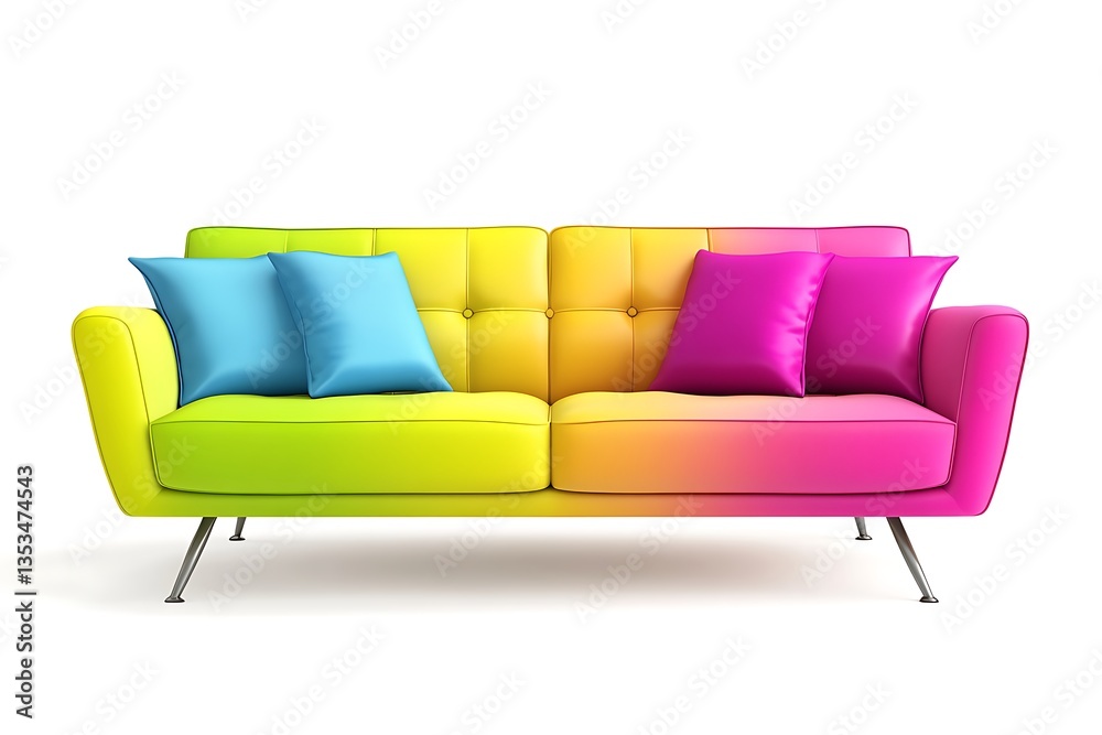 Fototapeta premium Colorful couch with pillows on white background, interior design concept