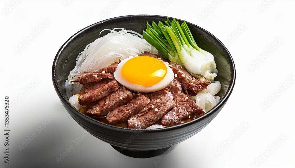 bowl of japanese gyudon with thinly sliced beef onions and raw egg yolk on top isolated on transparent background bowl of japanese gyudon with thinly sliced beef onions and raw egg yolk on top isolated on transparent background