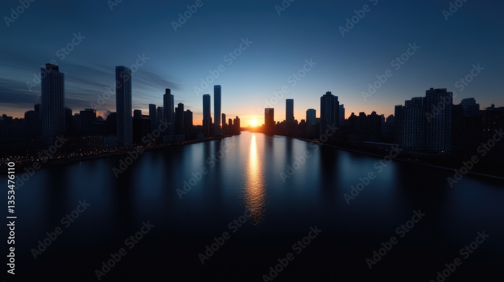 Naklejka premium City skyline at sunset over calm water. Silhouettes of skyscrapers and buildings reflected on the water's surface. Golden sun setting over the horizon. A tranquil and dramatic view