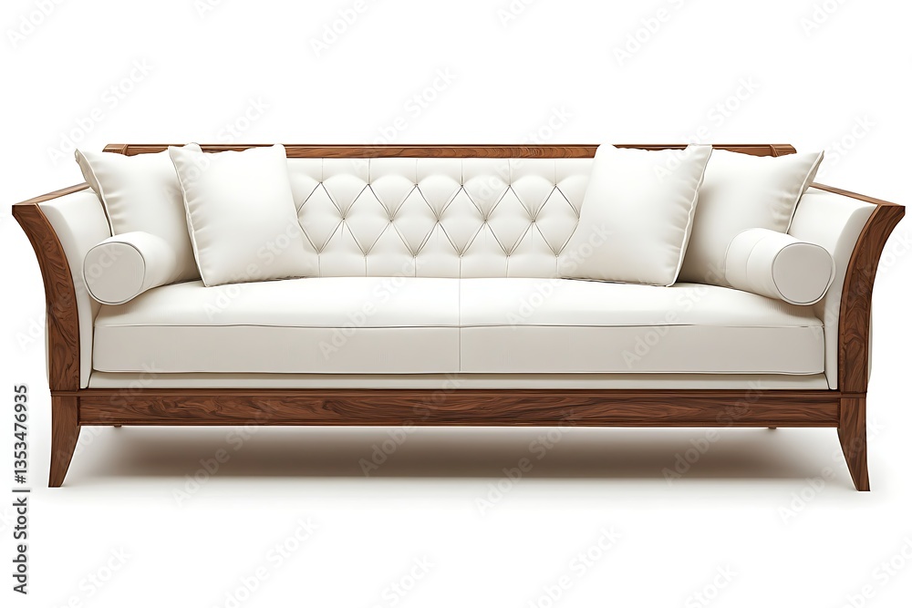 Naklejka premium Elegant white leather sofa with wooden frame on white background, for home decor